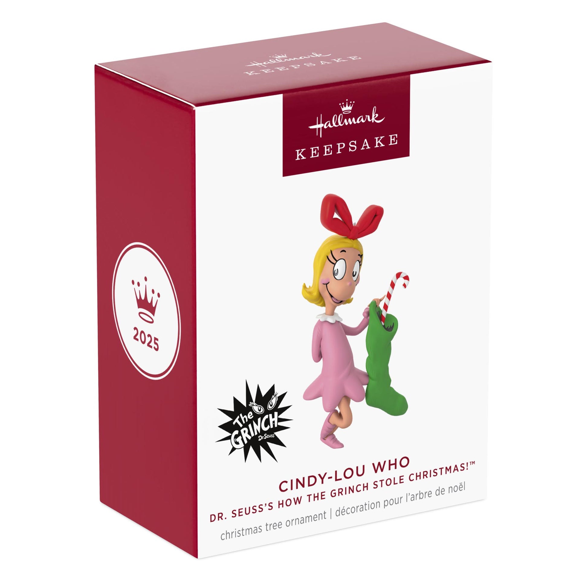 Dr. Seuss's How the Grinch Stole Christmas!™, Cindy-Lou Who — 2025 Hallmark Keepsake Christmas Ornament box design featuring Cindy-Lou Who with a green stocking.