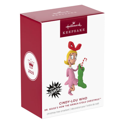 Dr. Seuss's How the Grinch Stole Christmas!™, Cindy-Lou Who — 2025 Hallmark Keepsake Christmas Ornament box design featuring Cindy-Lou Who with a green stocking.
