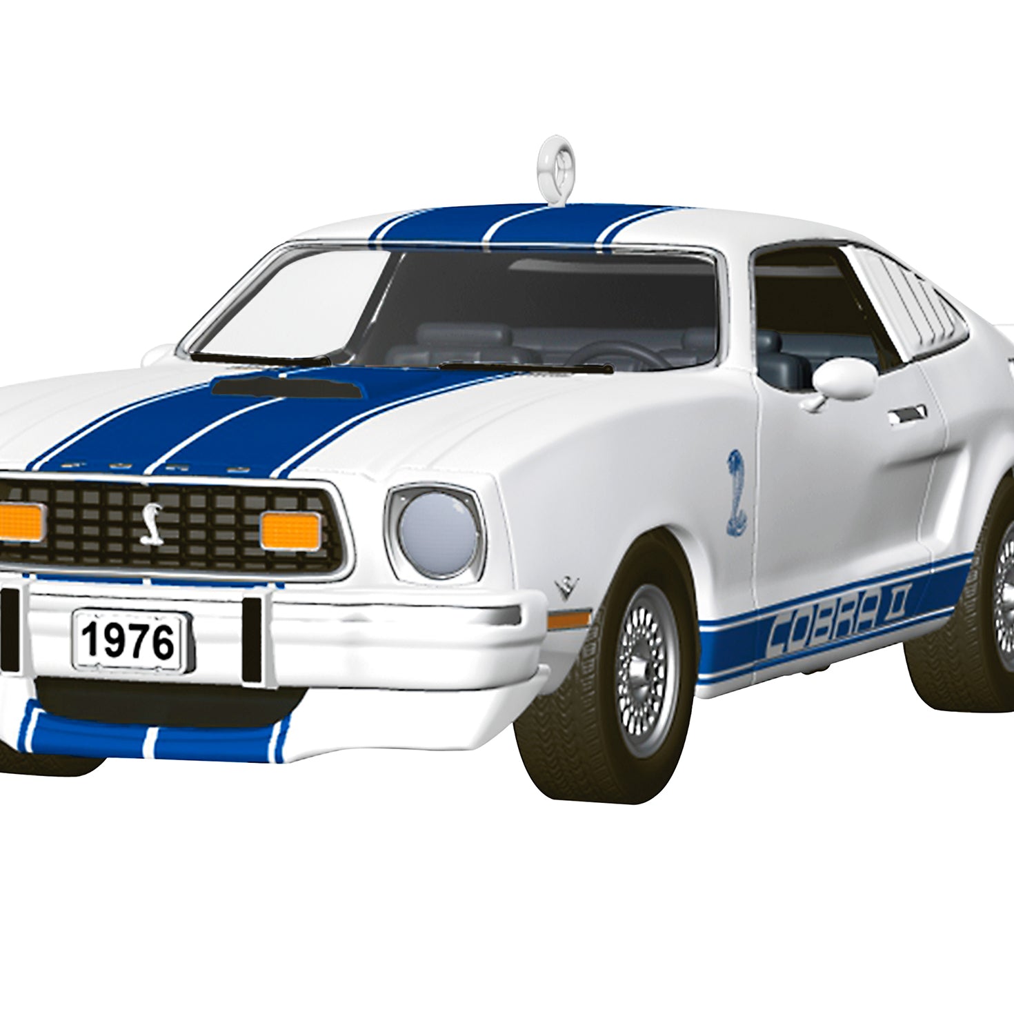 Classic American Cars 1976 Ford Mustang Cobra II 2026, metal, front angle view showing white body with blue racing stripes and authentic details.