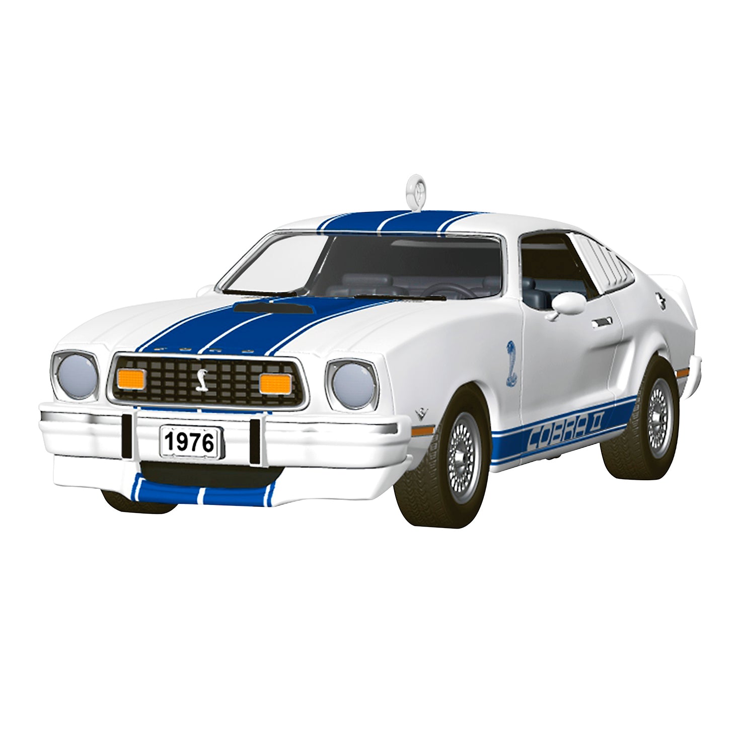 Classic American Cars 1976 Ford Mustang Cobra II 2026, metal model with blue-and-white racing stripes, angled front view.