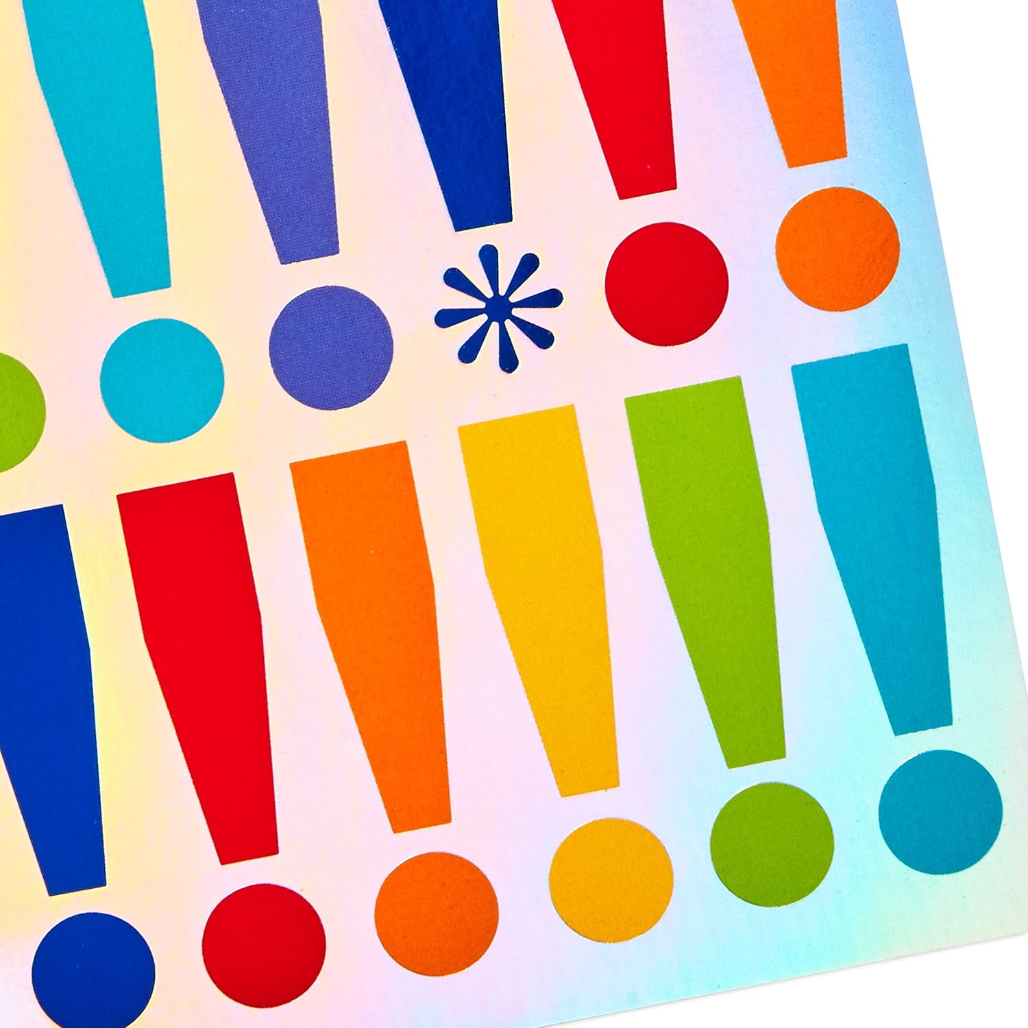 Hallmark All Occasion Cards Assortment Birthday, Congratulations, Blank Cards featuring colourful shapes and exclamation marks on a holographic background.