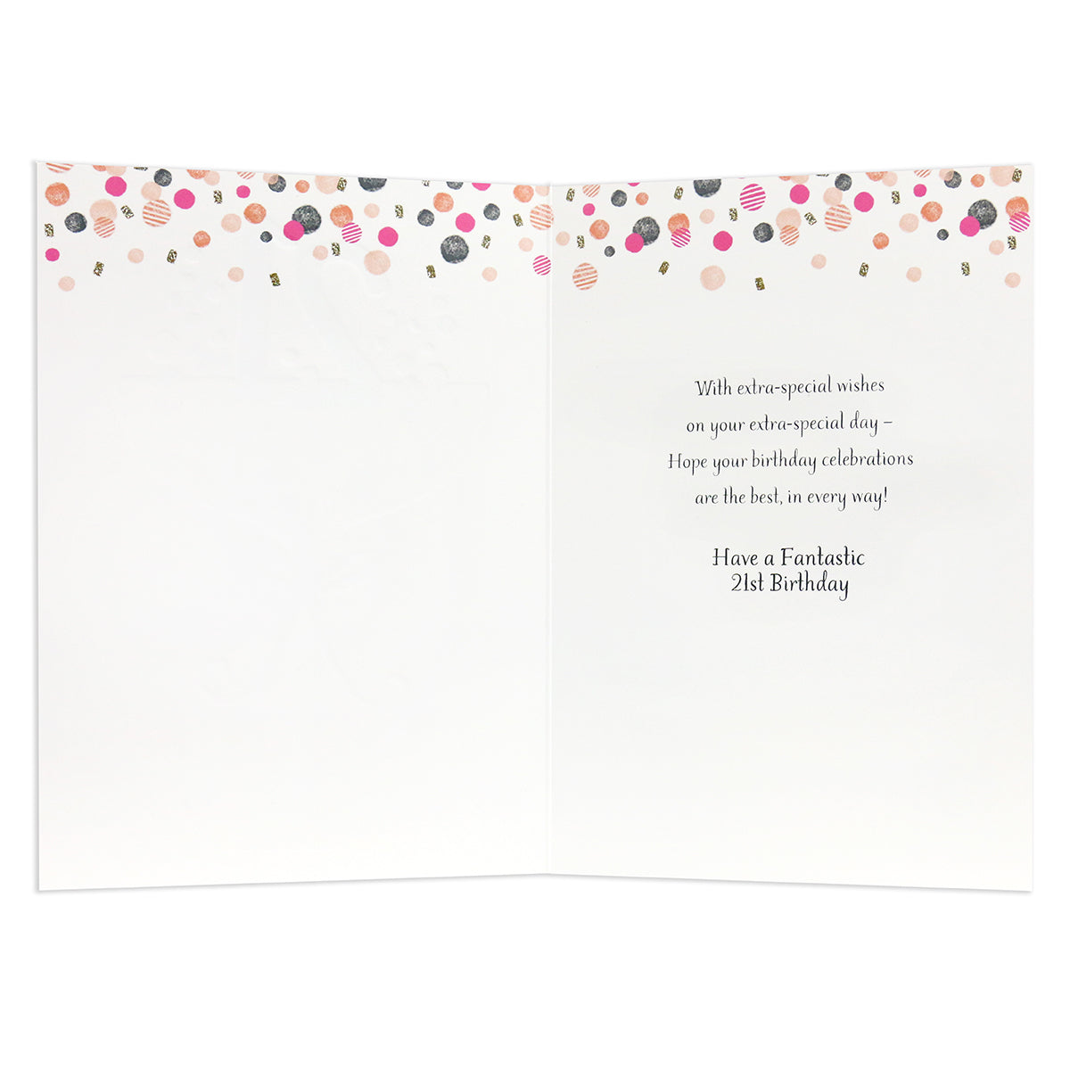 Connections from Hallmark 21st Birthday Card - Cocktail Glass, inner view with festive confetti design and birthday wishes in elegant font.