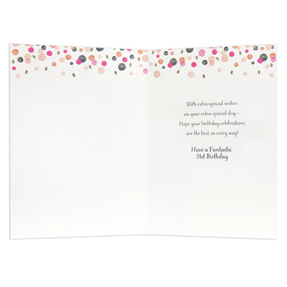 Connections from Hallmark 21st Birthday Card - Cocktail Glass, inner view with festive confetti design and birthday wishes in elegant font.