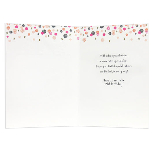 Connections from Hallmark 21st Birthday Card - Cocktail Glass, inner view with festive confetti design and birthday wishes in elegant font.