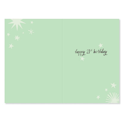Connections from Hallmark 21st Birthday Card - Someone's 21 today!, inside view with green background and celebratory stars.