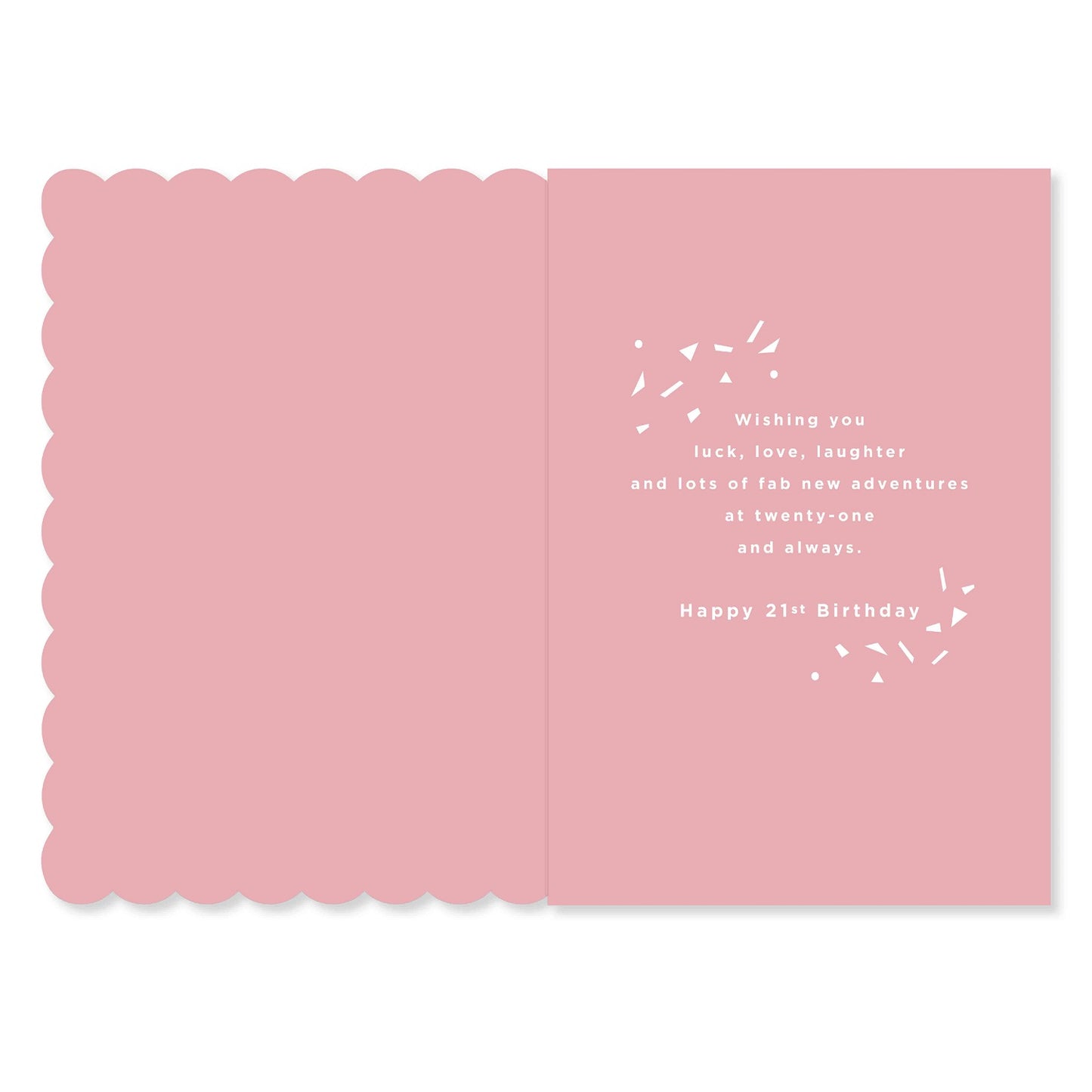 Connections from Hallmark 21st Birthday Card - 21 exciting times! open view showing pink interior message with scalloped edges.