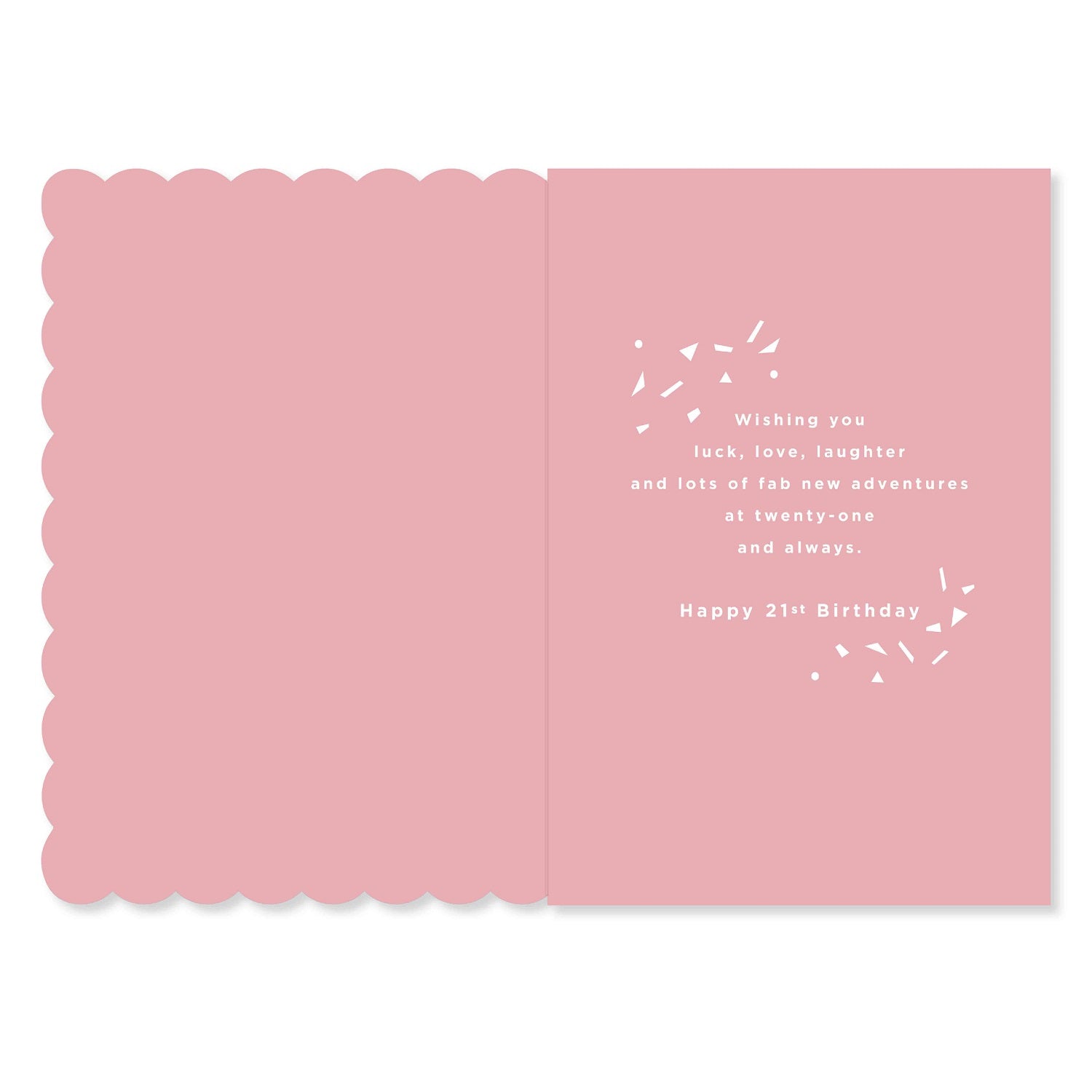 Connections from Hallmark 21st Birthday Card - 21 exciting times! open view showing pink interior message with scalloped edges.