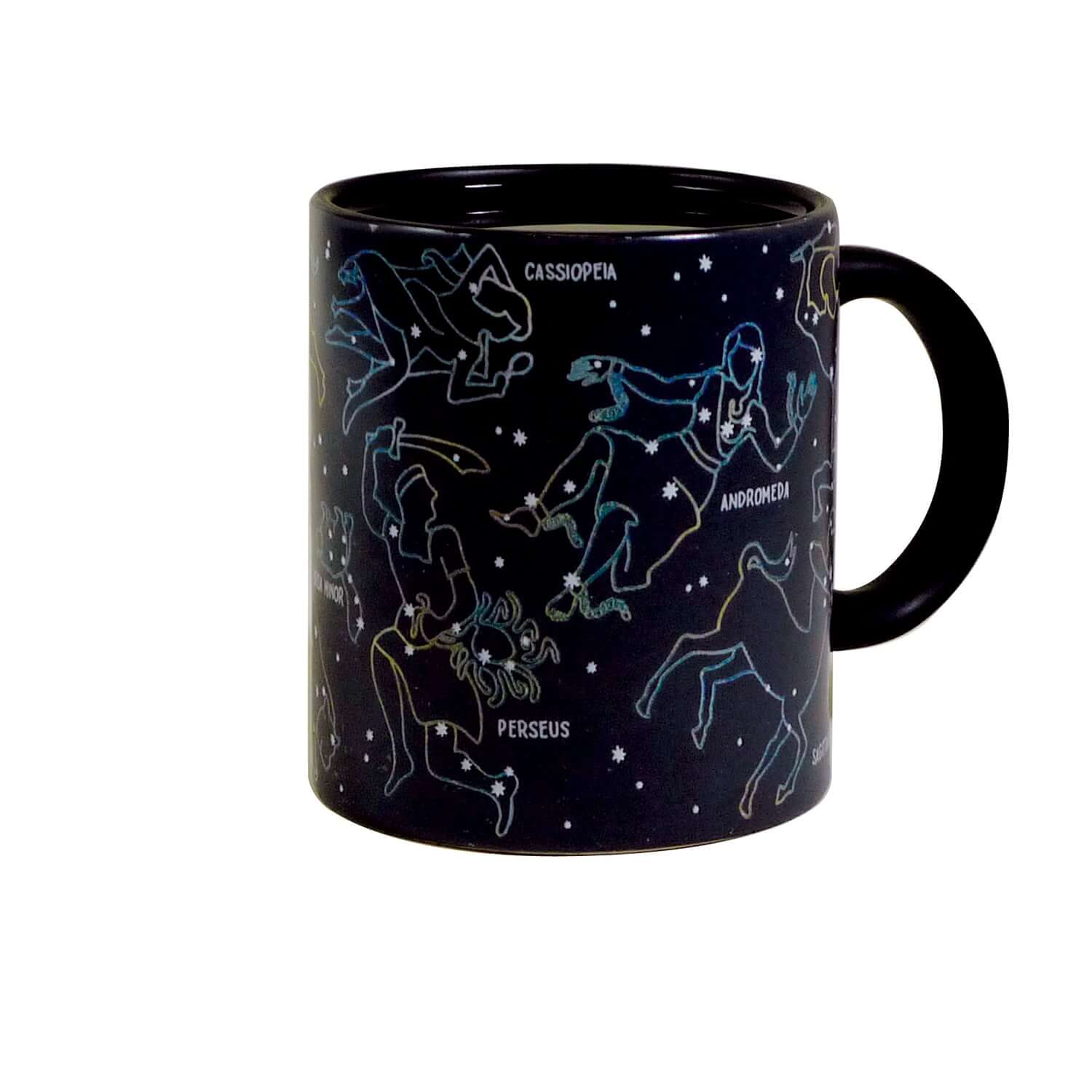 Unemployed Philosophers Guild - Constellation Mug in black ceramic displaying 11 constellations against a starry background, angled view.