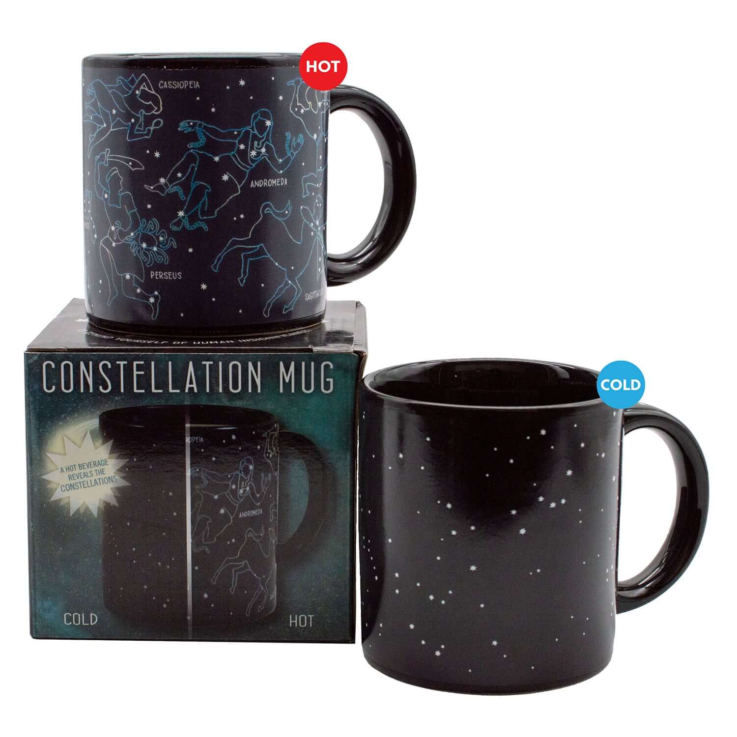 Unemployed Philosophers Guild - Constellation Mug featuring constellations and starry design, hot and cold visibility with packaging.