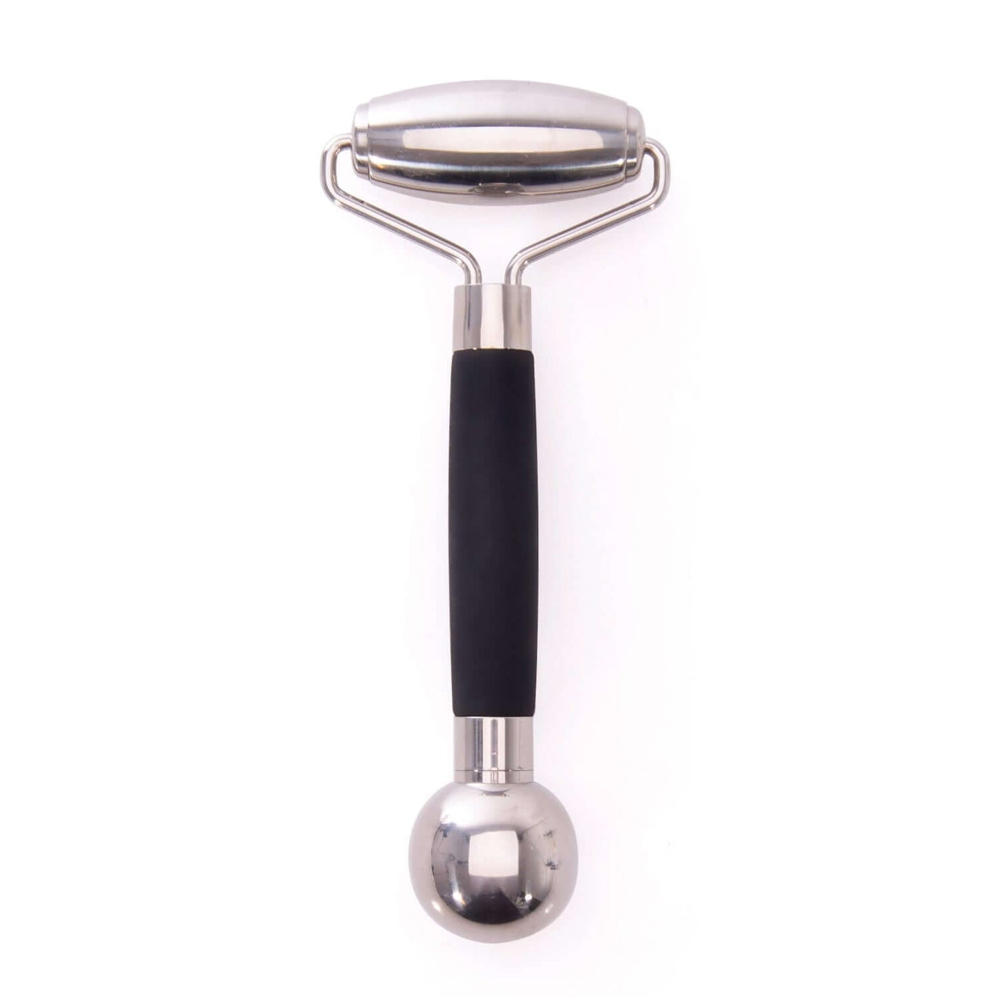 5 Cooling facial roller in stainless steel with a black silicone grip, featuring dual ends for facial massage.