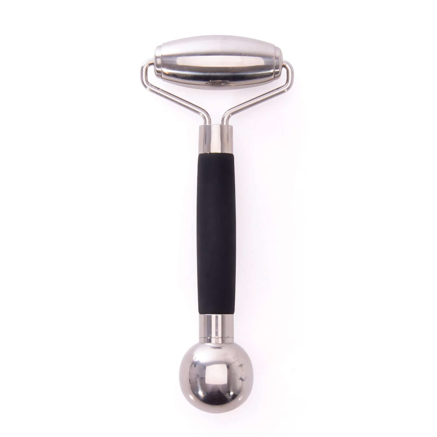 5 Cooling facial roller in stainless steel with a black silicone grip, featuring dual ends for facial massage.