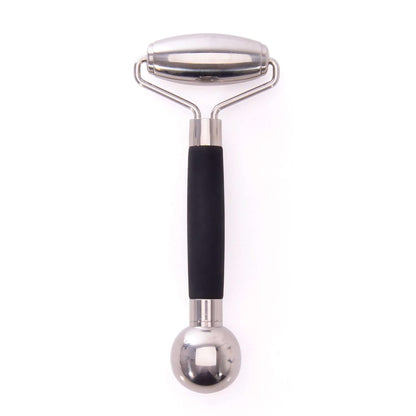 5 Cooling facial roller in stainless steel with a black silicone grip, featuring dual ends for facial massage.