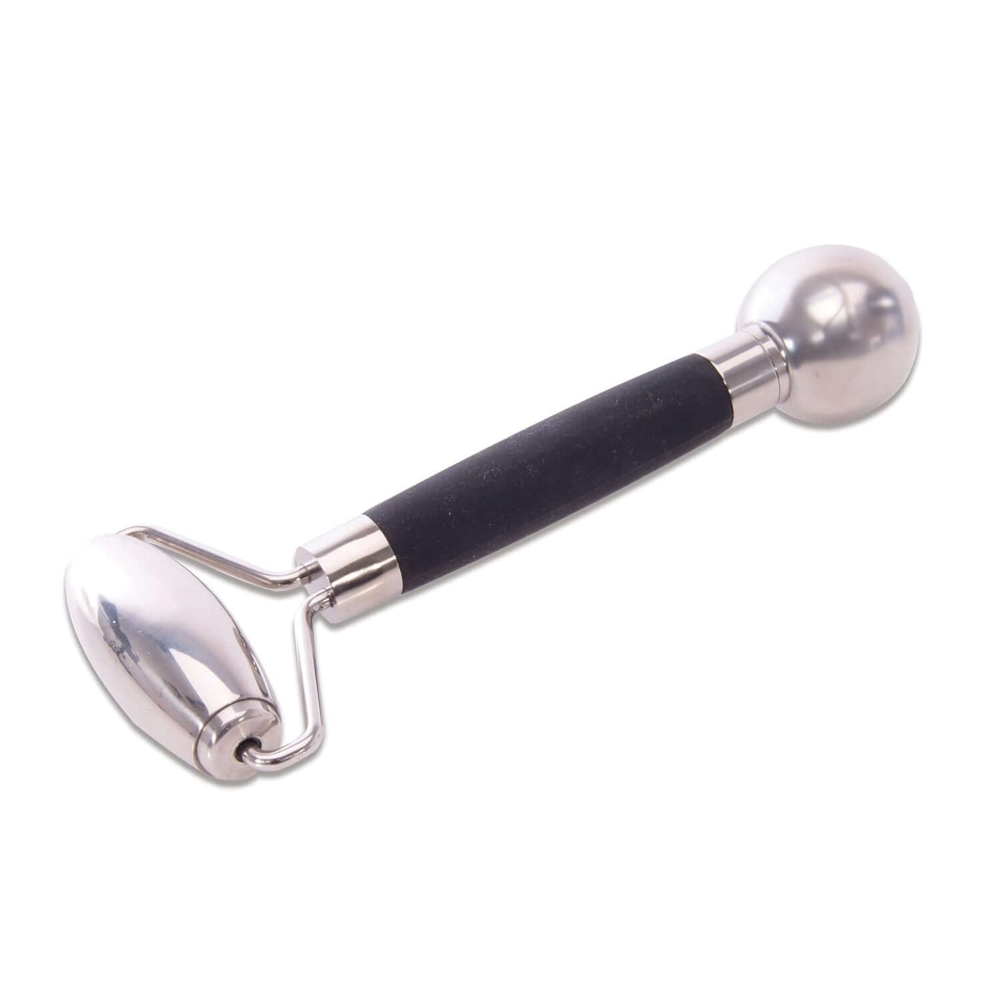 5 cooling facial roller made from stainless steel with a black silicone grip, showcasing the dual-ended design.