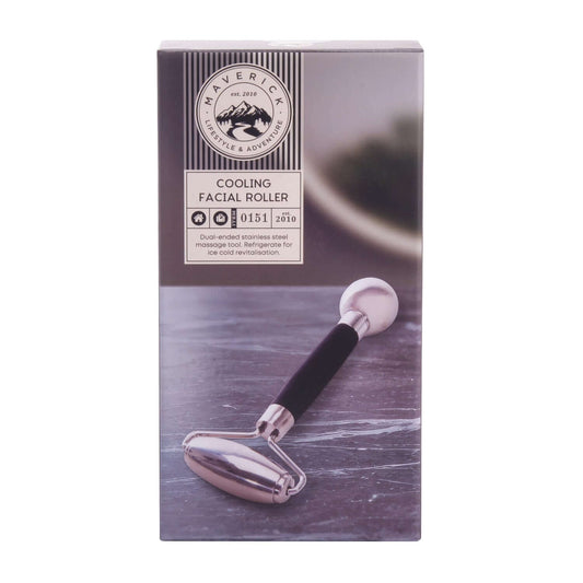 5 Cooling Facial Roller in gift box with dual-ended stainless steel design, showcasing silver colour and brand logo.