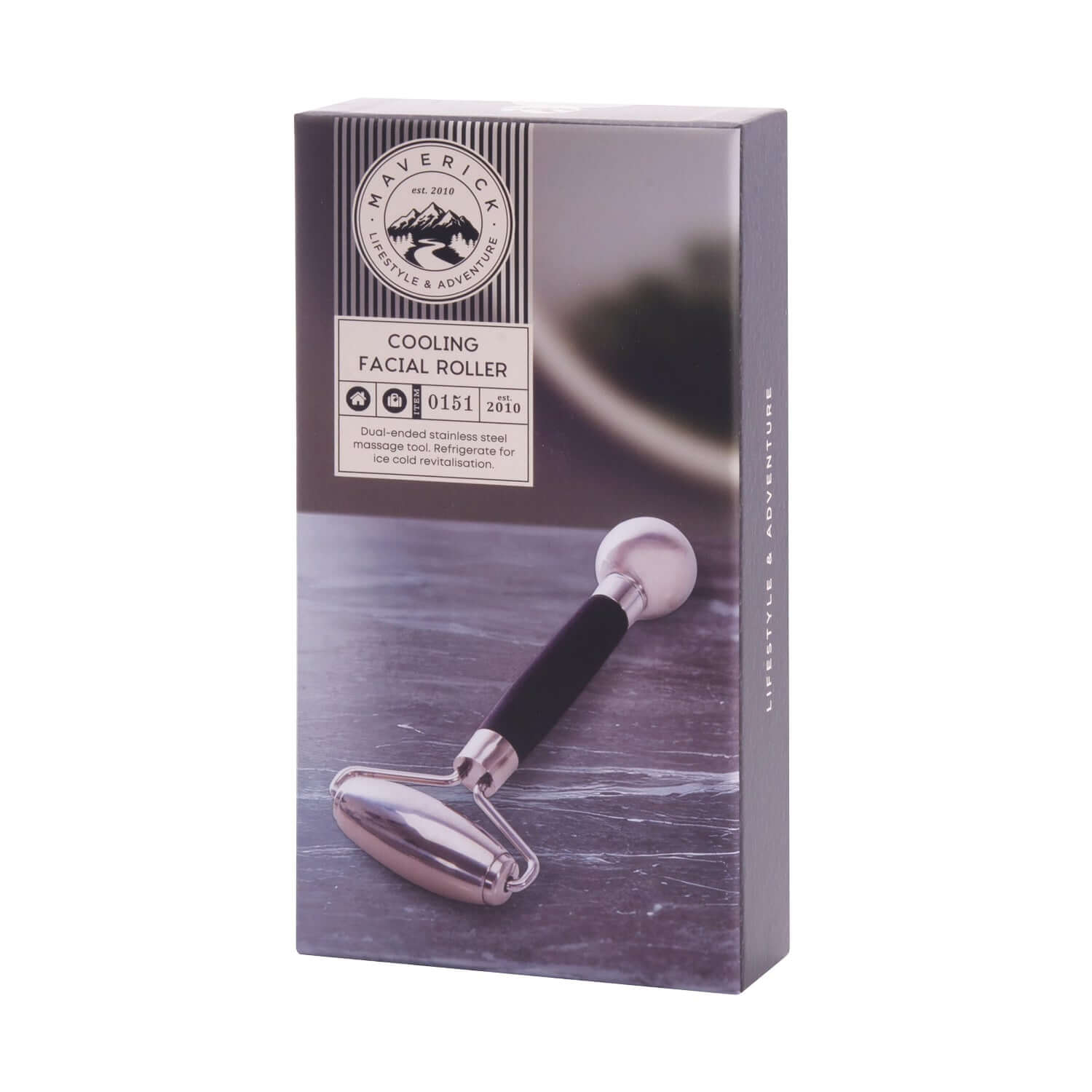 5 Cooling facial roller in gift packaging, featuring stainless steel with a black silicone handle, angled view.