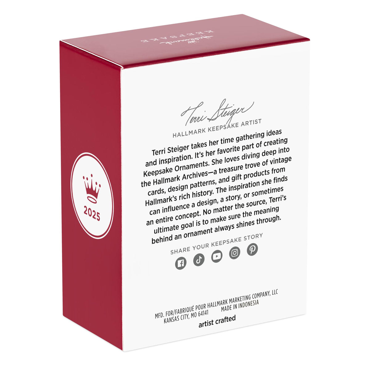 Corn Ho-Ho-Hole — 2025 Hallmark Keepsake Christmas Ornament packaging featuring a biography of artist Terri Steiger, red box design.