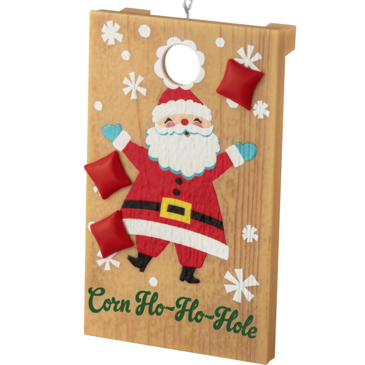 Corn Ho-Ho-Hole — 2025 Hallmark Keepsake Christmas Ornament, featuring a wooden Santa design with red and green beanbags, detailed surface.