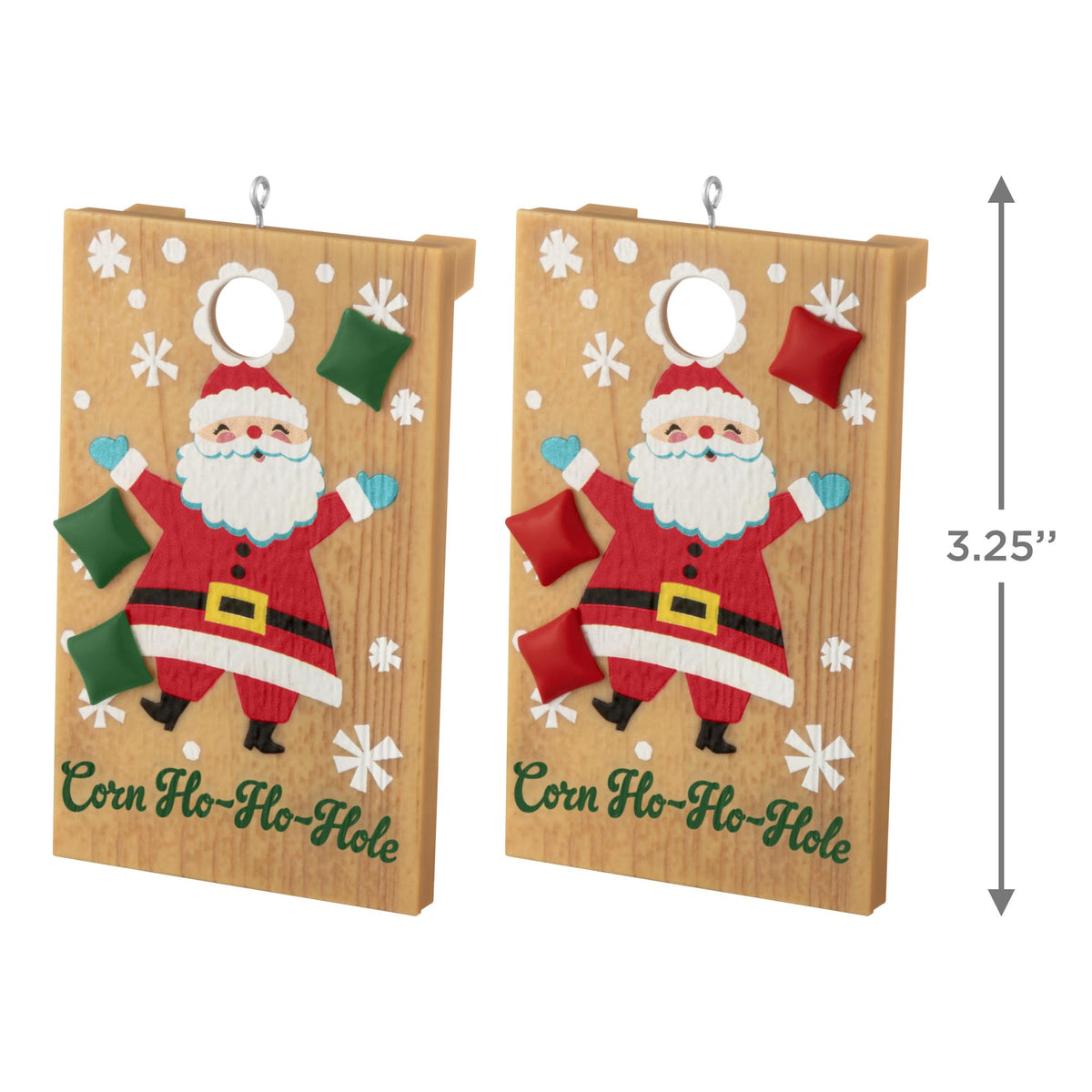 Corn Ho-Ho-Hole — 2025 Hallmark Keepsake Christmas Ornament with Santa design, featuring red and green beanbags, angled view.