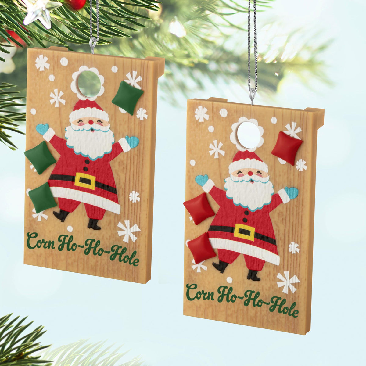 Corn Ho-Ho-Hole — 2025 Hallmark Keepsake Christmas Ornament set, featuring Santa and festive beanbags, close up with details.