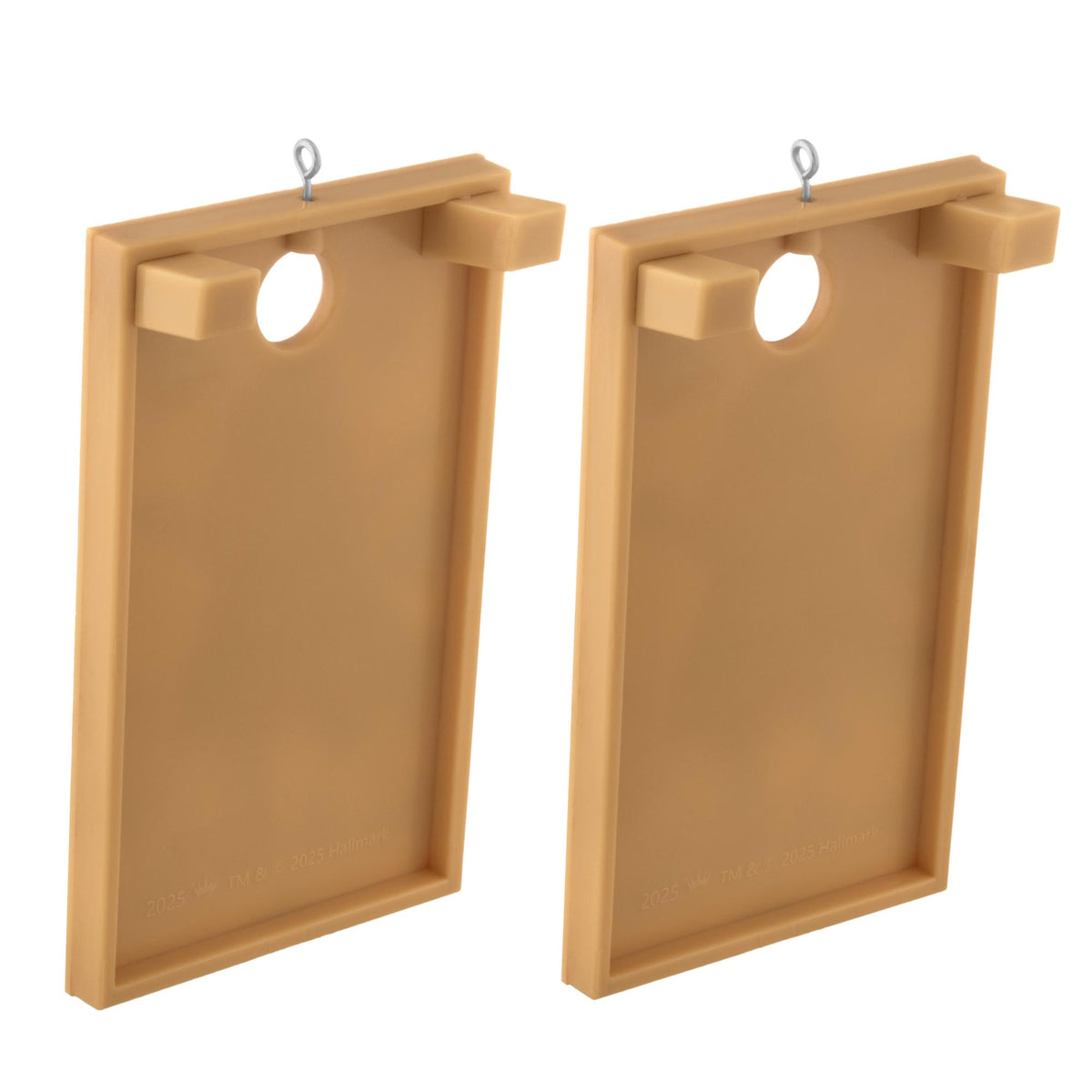 Corn Ho-Ho-Hole — 2025 Hallmark Keepsake Christmas Ornament, cheerful Santa design, angled view of two cornhole game boards