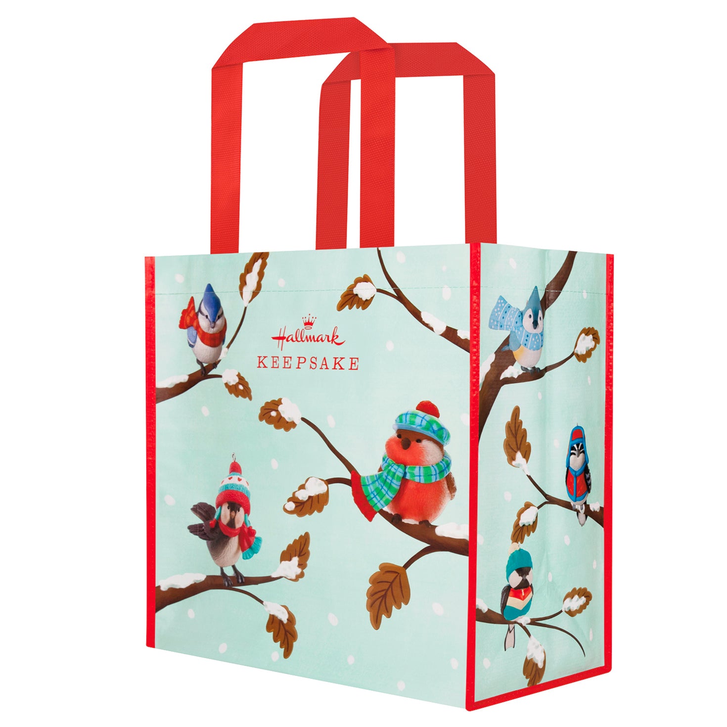 Cozy Critters Reusable — 2026 Hallmark Keepsake 13.75" Christmas Tote Bag, festive design featuring colourful birds on snowy branches, front view.