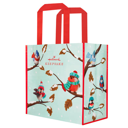 Cozy Critters Reusable — 2026 Hallmark Keepsake 13.75" Christmas Tote Bag, festive design featuring colourful birds on snowy branches, front view.