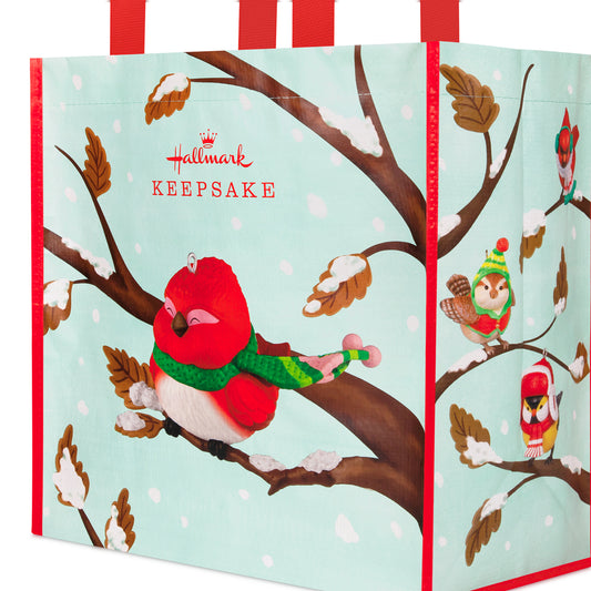 Cozy Critters Reusable — 2026 Hallmark Keepsake 13.75" Christmas Tote Bag featuring colourful critters on a snow-covered branch in a close-up view.