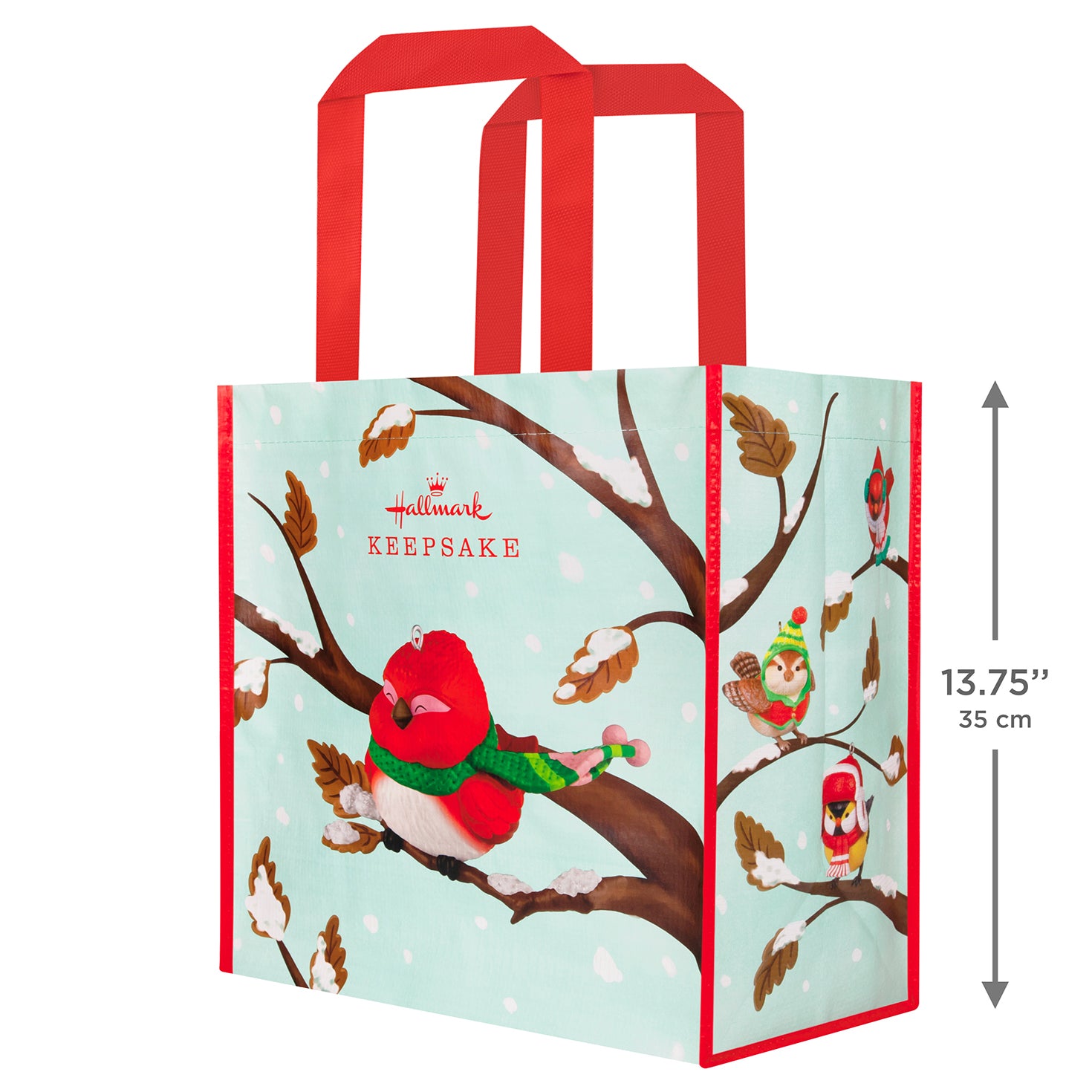 Cozy Critters Reusable — 2026 Hallmark Keepsake 13.75" Christmas Tote Bag with red handles, featuring colourful birds on a snowy branch backdrop.