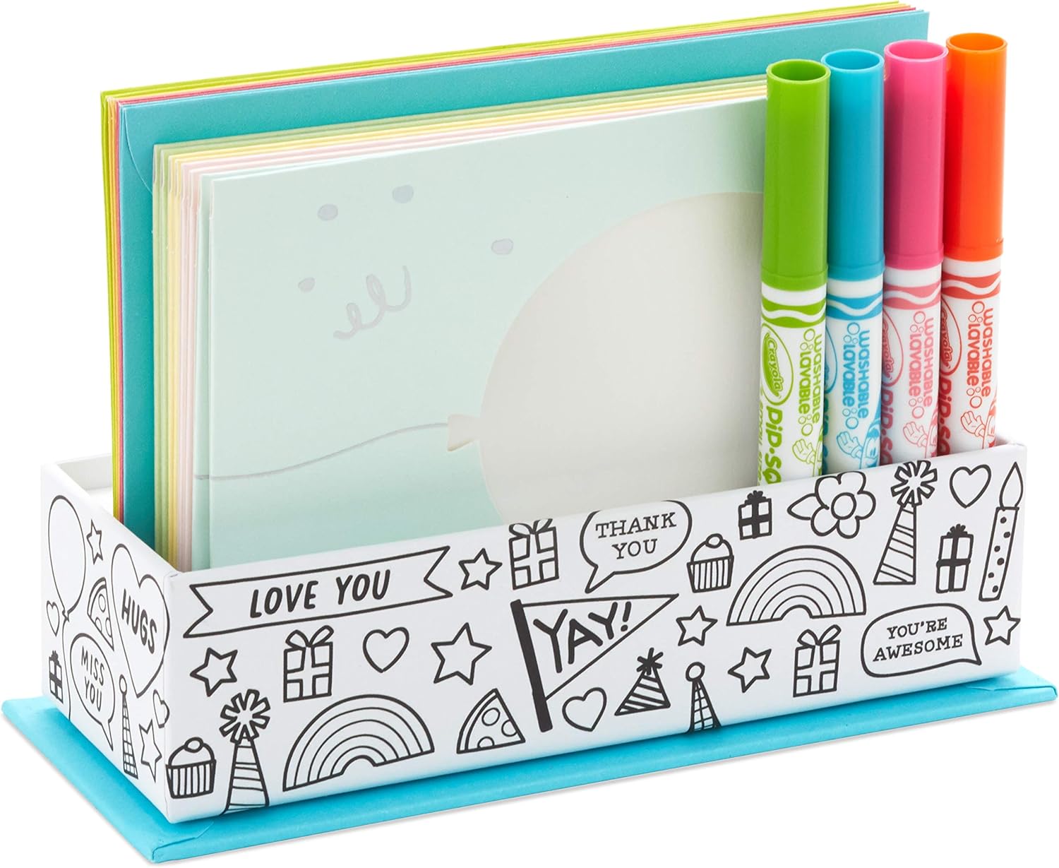 Hallmark Crayola Coloring Cards Assortment, 8 Cards with Envelopes and Markers displayed in a card organiser with colourful markers.