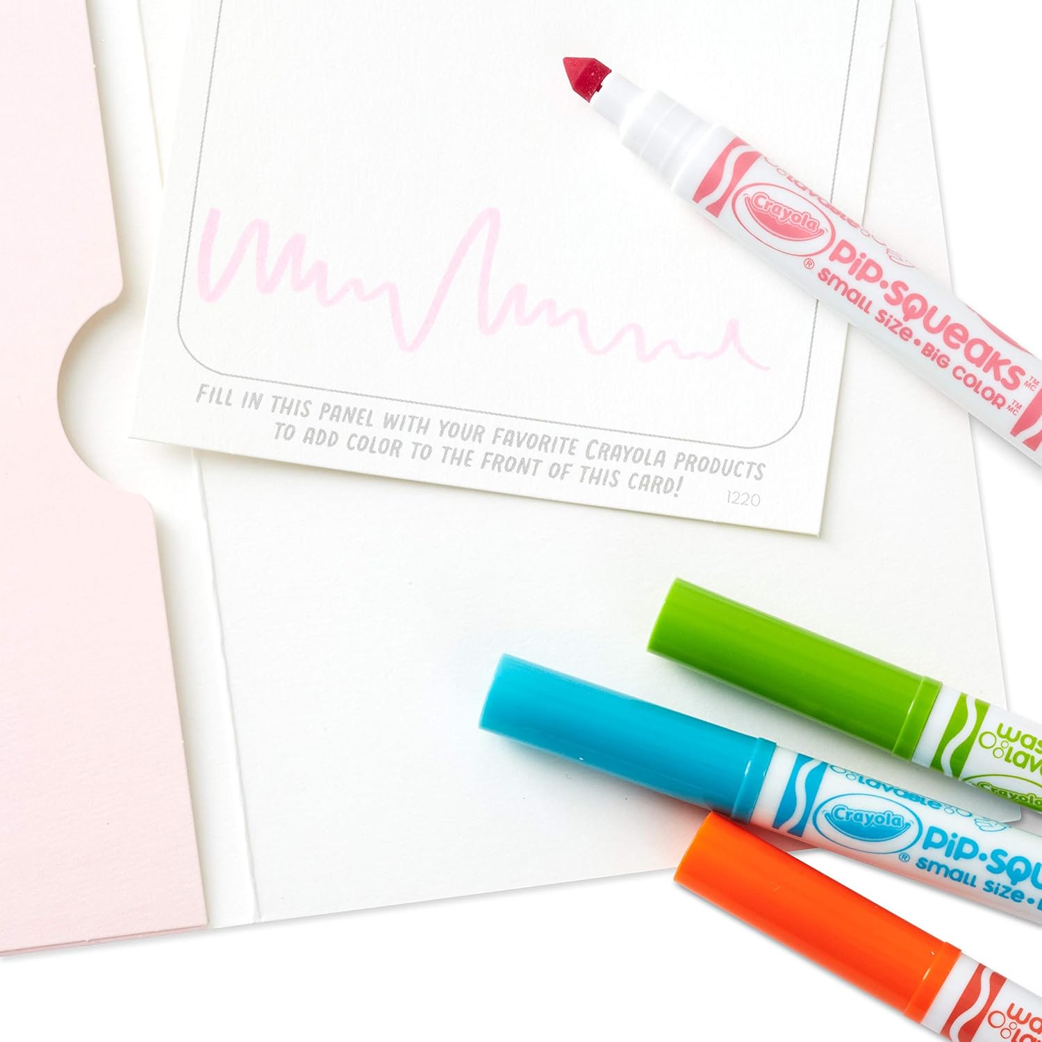 Hallmark Crayola Coloring Cards Assortment, 8 Cards with Envelopes and Markers showing colourful Pip Squeaks markers and blank card inside