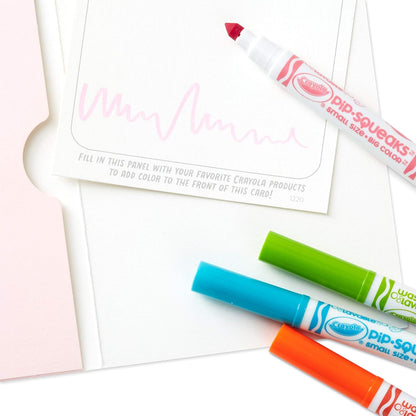 Hallmark Crayola Coloring Cards Assortment, 8 Cards with Envelopes and Markers showing colourful Pip Squeaks markers and blank card inside