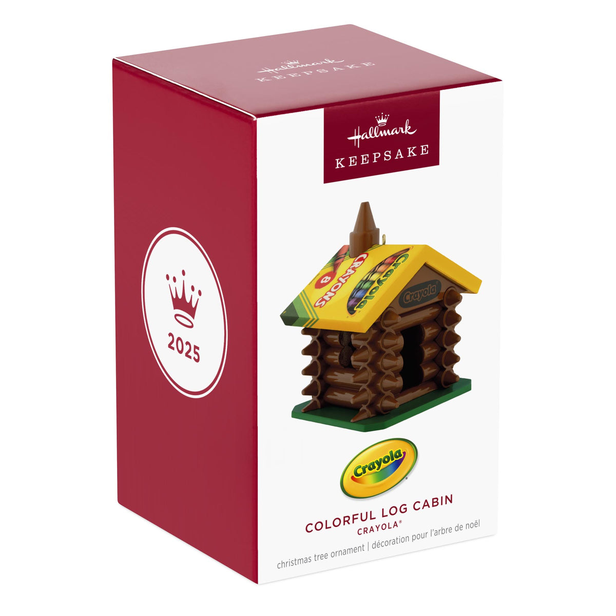 Crayola®, Colourful Log Cabin — 2025 Hallmark Keepsake Christmas Ornament in decorative packaging with front view and logo.