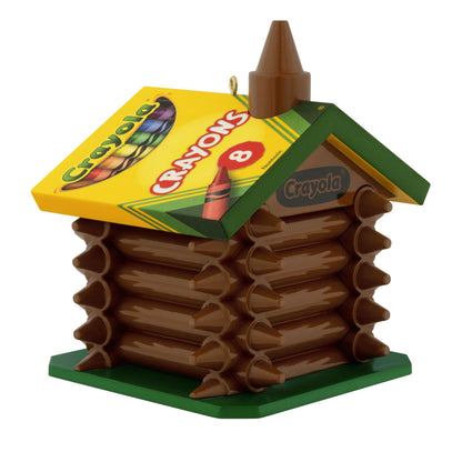 Crayola®, colourful log cabin — 2025 Hallmark Keepsake Christmas ornament in a vibrant brown crayon design with a yellow roof.