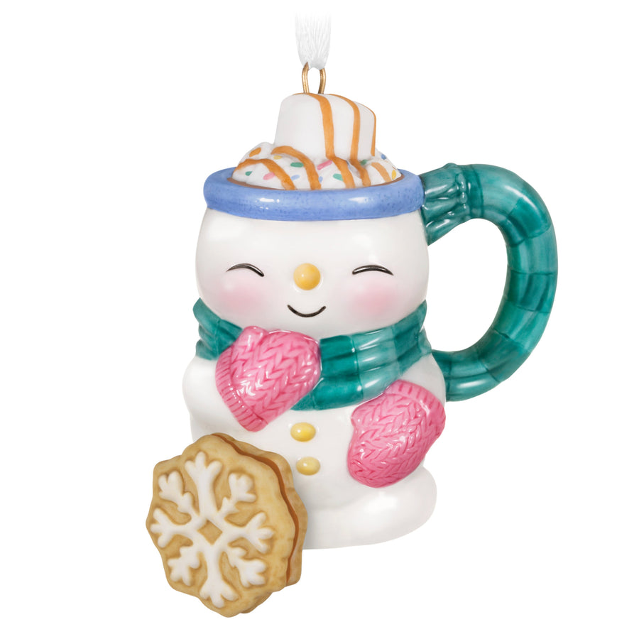 Cup of Cozy, 2nd in the Series — 2025 Hallmark Keepsake Christmas Ornament, snowman-shaped mug with sprinkles, 10 cm tall, featuring a cookie.