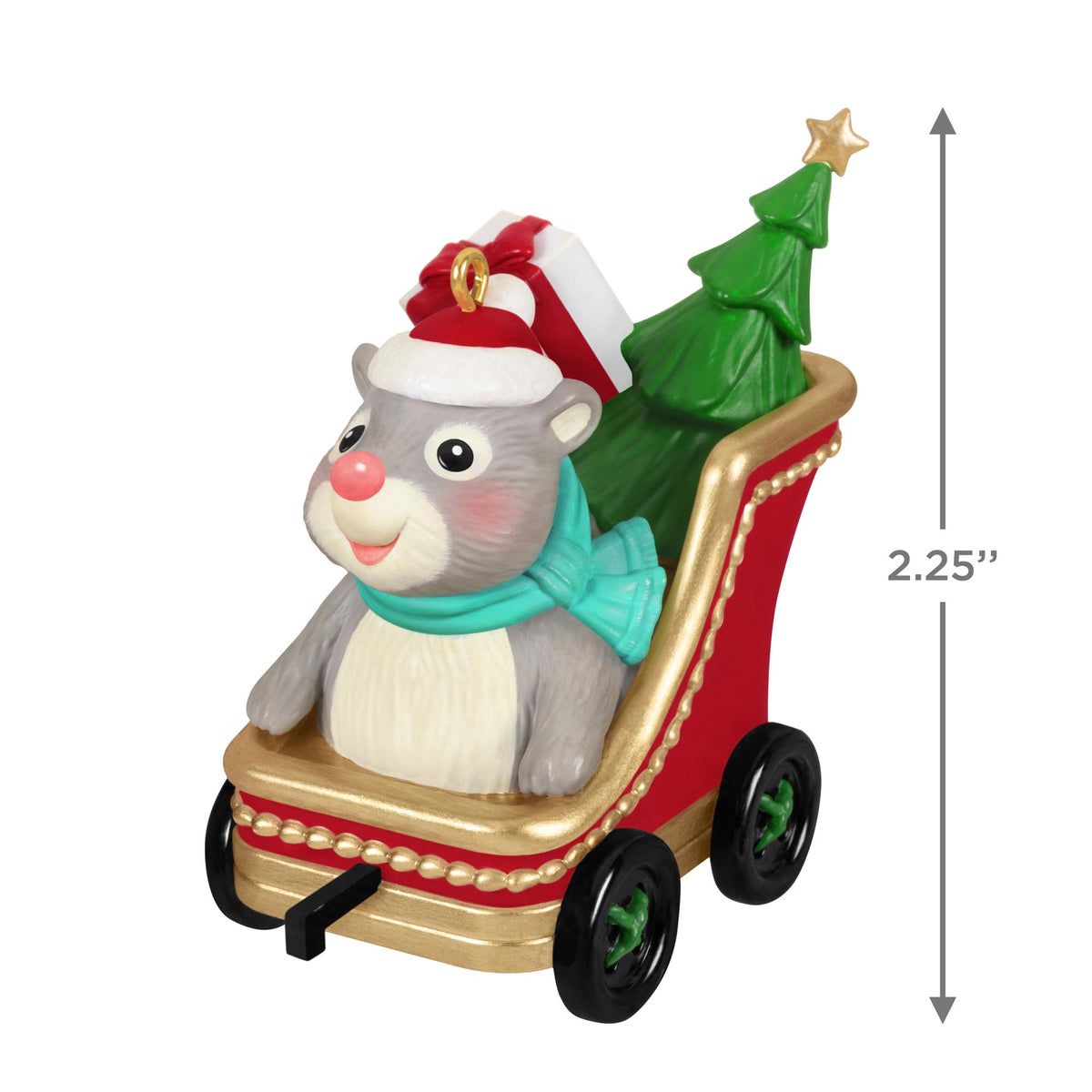 Cute As A Button — 2025 Hallmark Keepsake Christmas Ornament with a grey and white hamster in a red sleigh, detailed with a green tree.