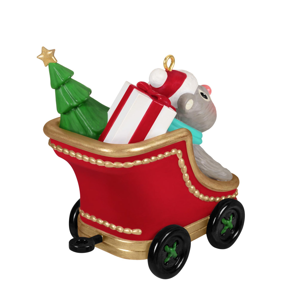 Cute As A Button — 2025 Hallmark Keepsake Christmas Ornament, red sleigh with presents and a green tree, side view with detail.