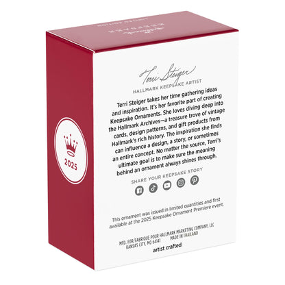 Cute As A Button — 2025 Hallmark Keepsake Christmas Ornament packaging featuring artist Terri Steiger's details and Hallmark crown logo.