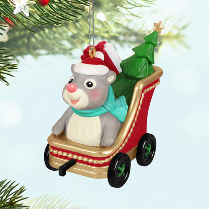Cute As A Button — 2025 Hallmark Keepsake Christmas Ornament, grey hamster in red sleigh with tree, detailed view.
