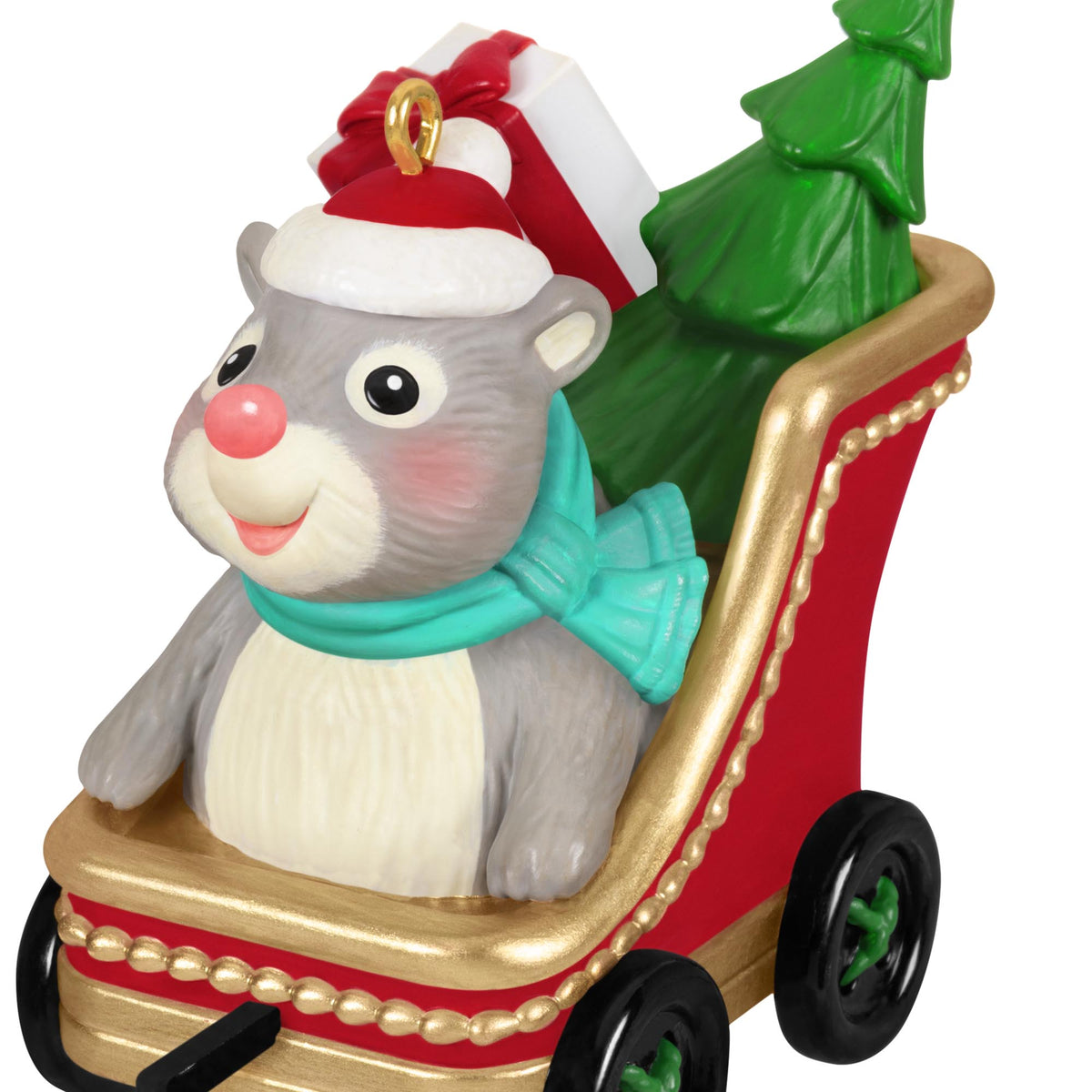 Cute as a Button — 2025 Hallmark Keepsake Christmas Ornament, grey and white hamster in red sleigh with green tree, detailed design.