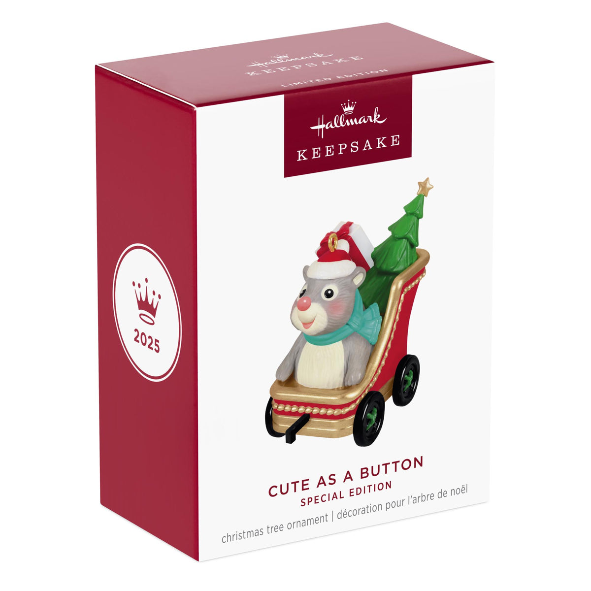 Cute As A Button — 2025 Hallmark Keepsake Christmas Ornament box featuring a grey and white hamster in a red sleigh with a Christmas tree.