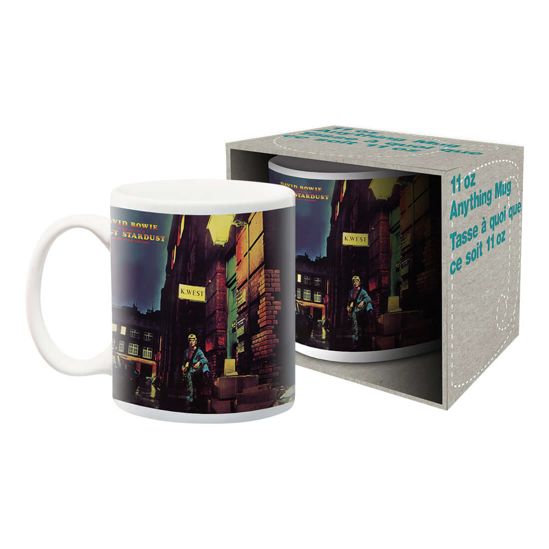 David Bowie - Ziggy ceramic mug featuring album art, displayed in gift box with 11 oz capacity and vibrant colours.