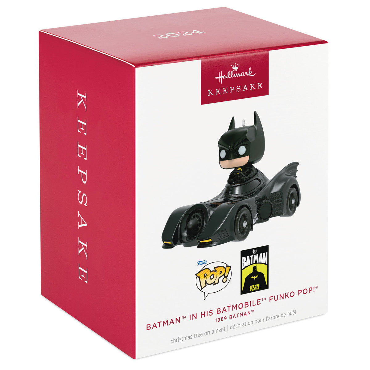 DC™ 1989 Batman™ in His Batmobile™ Funko POP!® — Hallmark Keepsake Christmas Ornament in packaging, featuring iconic design and branding.