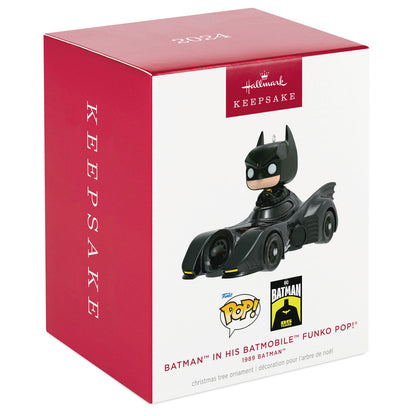DC™ 1989 Batman™ in His Batmobile™ Funko POP!® — Hallmark Keepsake Christmas Ornament in packaging, featuring iconic design and branding.