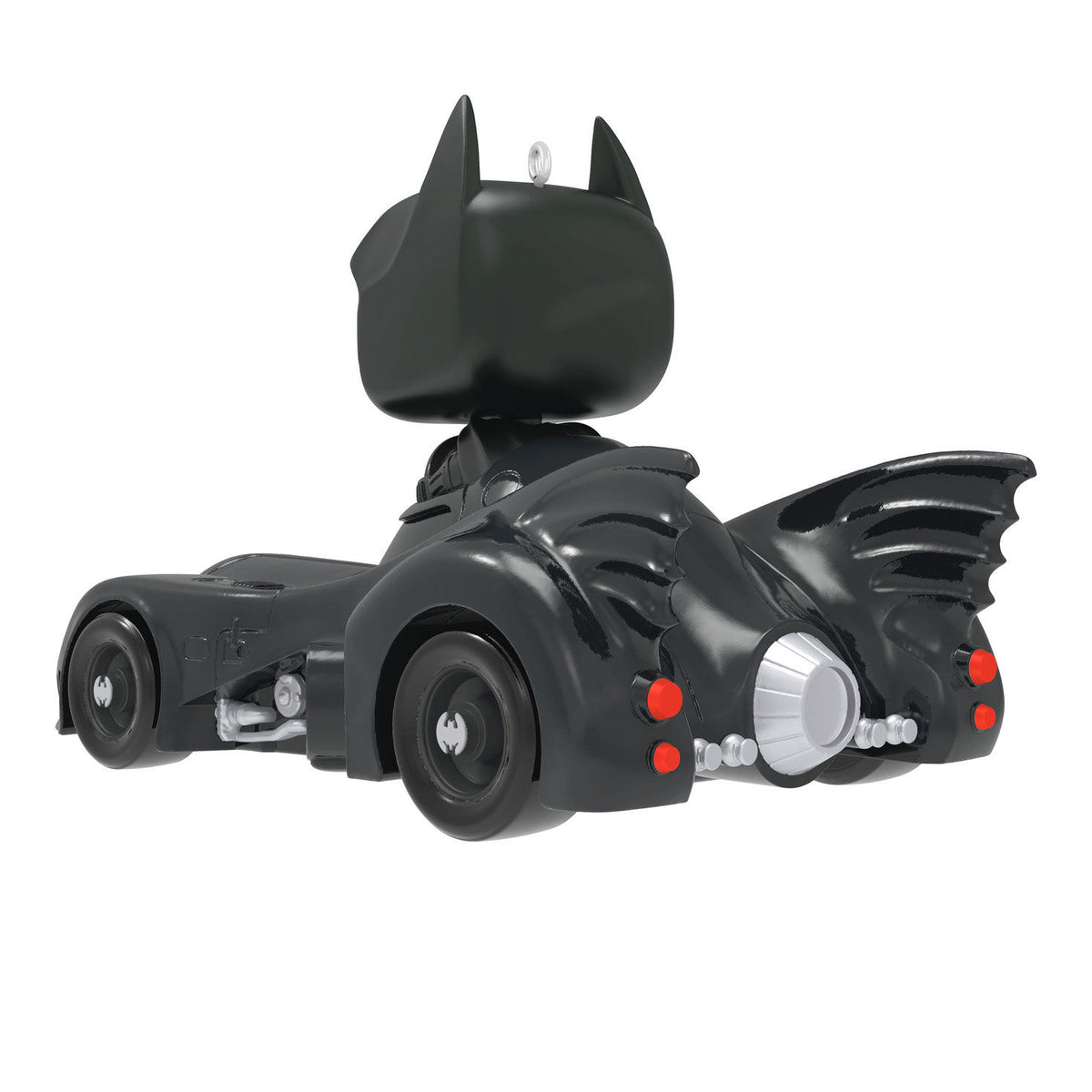 DC™ 1989 Batman™ in His Batmobile™ Funko POP!® — Hallmark Keepsake Christmas Ornament, angled view showcasing rear detail.