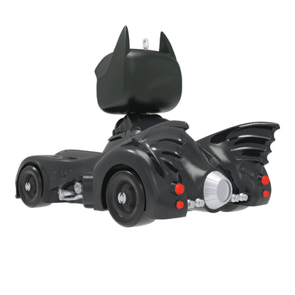 DC™ 1989 Batman™ in His Batmobile™ Funko POP!® — Hallmark Keepsake Christmas Ornament, angled view showcasing rear detail.