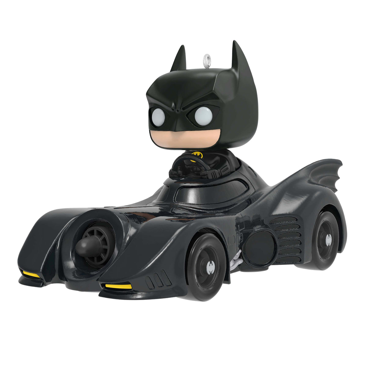 DC™ 1989 Batman™ in His Batmobile™ Funko POP!® — Hallmark Keepsake Christmas Ornament, black plastic ornament, side view showcasing details.