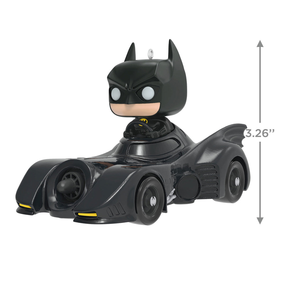 DC™ 1989 Batman™ in His Batmobile™ Funko POP!® — Hallmark Keepsake Christmas Ornament, featuring detailed black design with Batman figure, 8.3 cm tall.