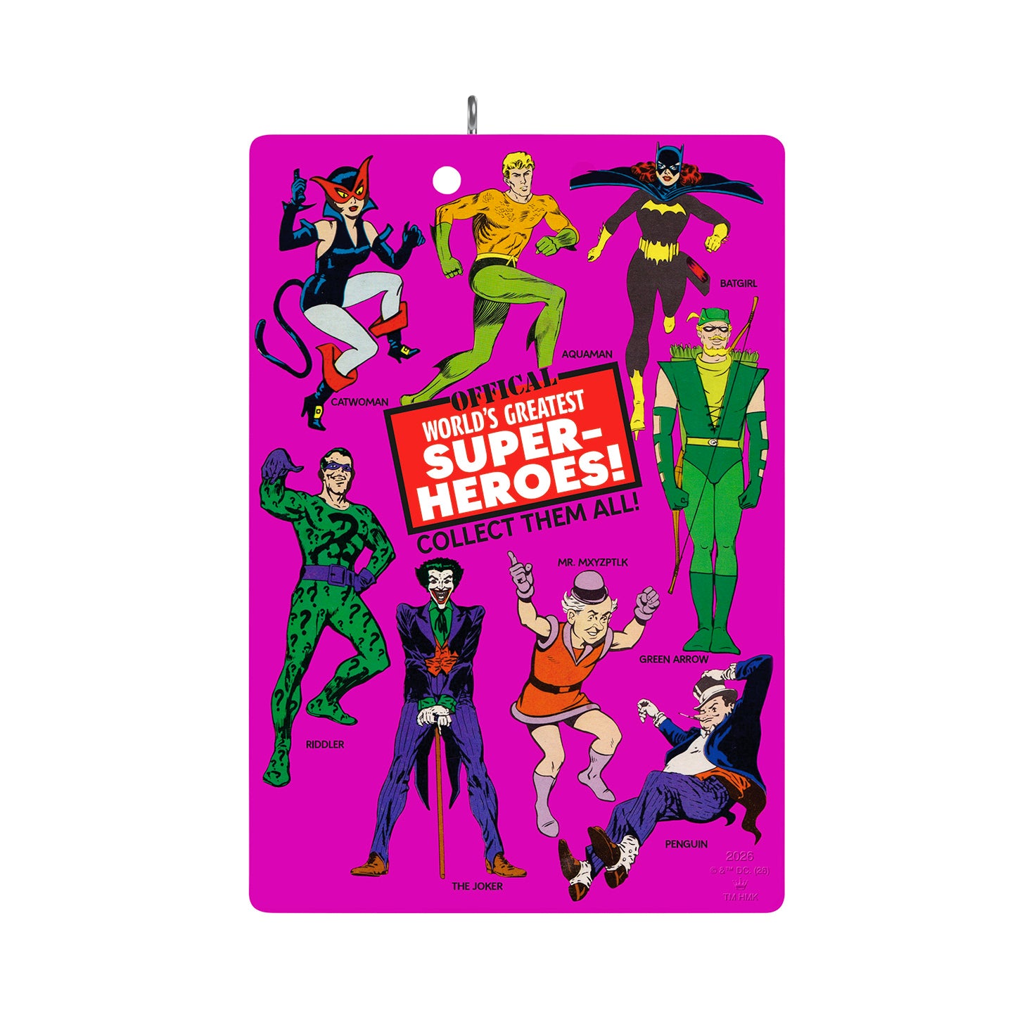 DC™ Batman™ Vintage Figure — 2026 Hallmark Keepsake Christmas Ornament featuring classic superhero artwork on a bright pink card.