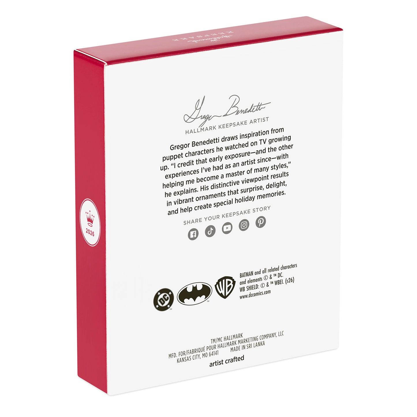 DC™ Batman™ Vintage Figure — 2026 Hallmark Keepsake Christmas Ornament back packaging, featuring artist details and logos.