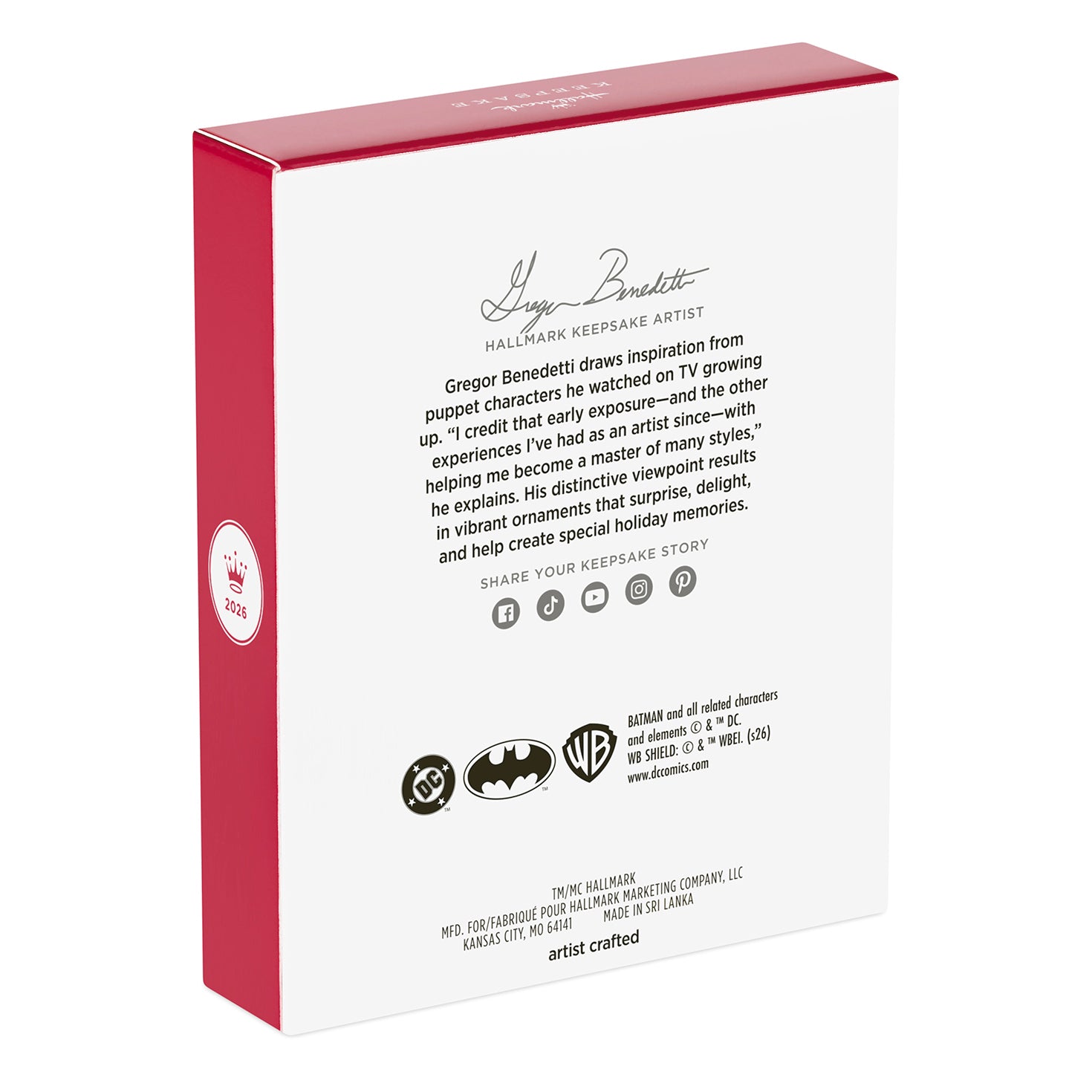 DC™ Batman™ Vintage Figure — 2026 Hallmark Keepsake Christmas Ornament back packaging, featuring artist details and logos.